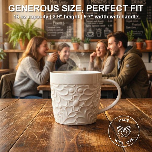 25DOL 16 oz Ceramic Coffee Mugs Set of 4 – Embossed Nature-Inspired Design, Comfortable Grip Handle – Large Latte & Tea Cups, Modern Farmhouse Style – Microwave & Dishwasher Safe
