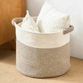 Skiennix Woven Round Rope Storage Basket - Stylish Blanket & Toy Organizer (16"Wx14"H) - White & Brown