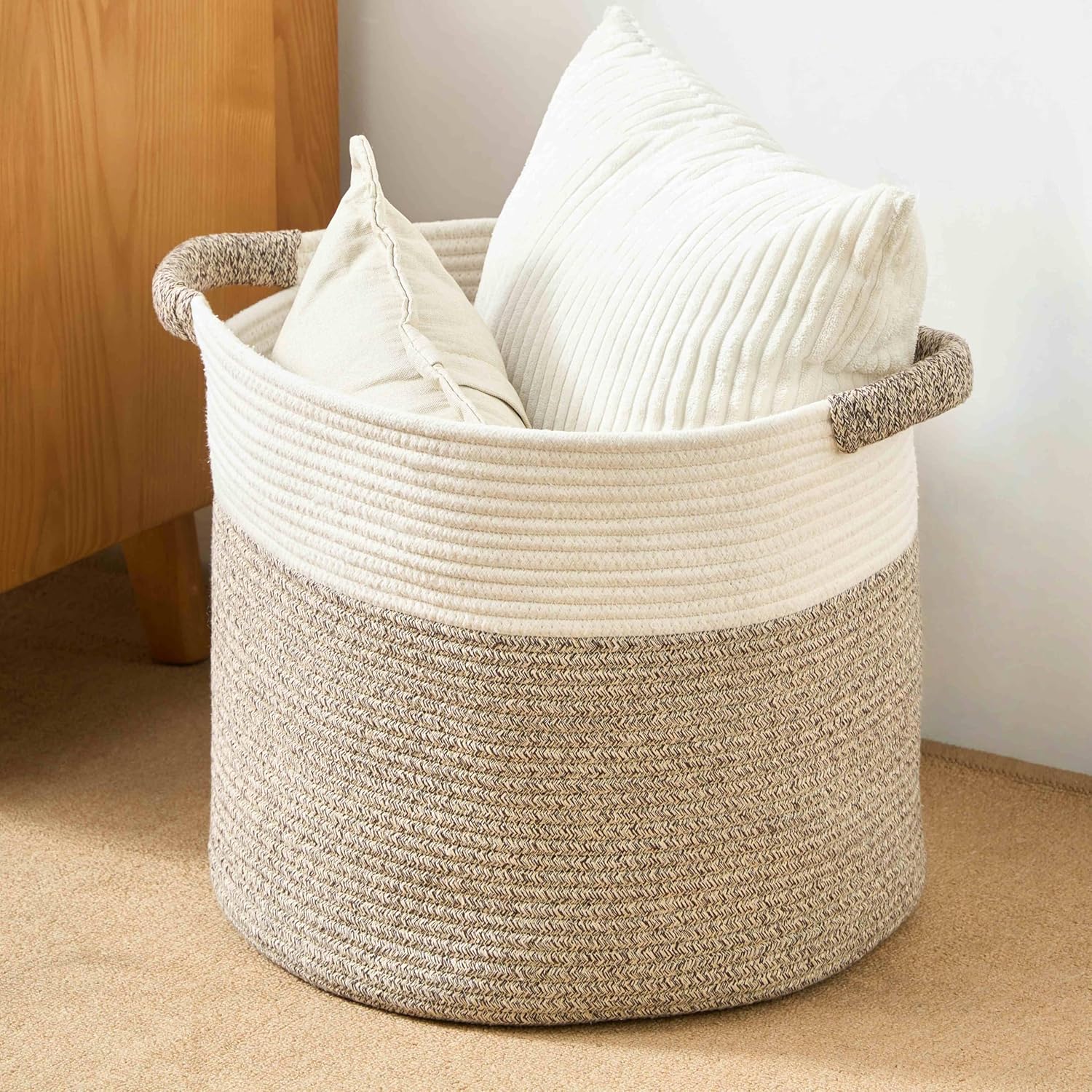 Skiennix Woven Round Rope Storage Basket - Stylish Blanket & Toy Organizer (16"Wx14"H) - White & Brown