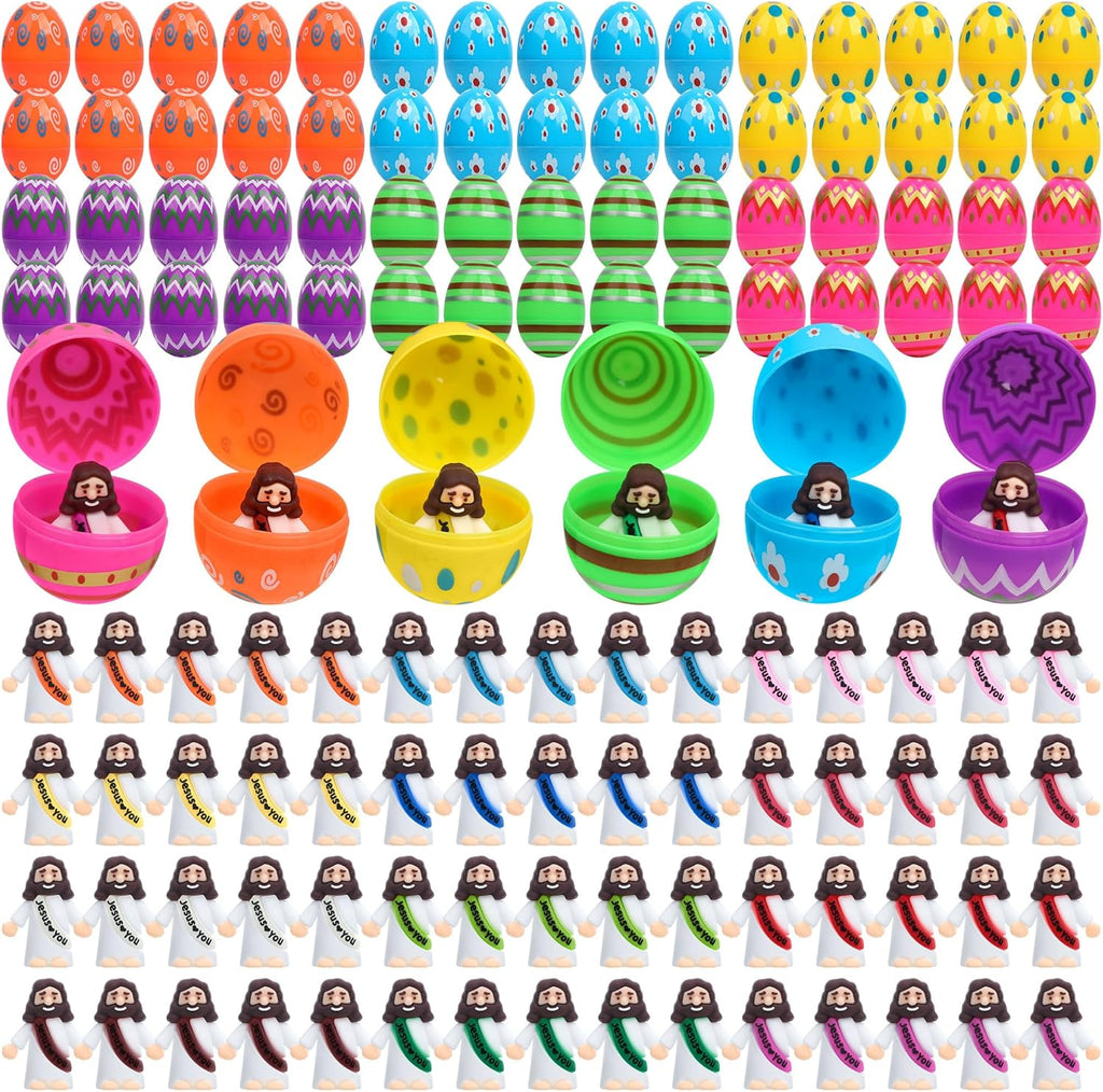 Regine Switzerland Easter Basket Stuffers - 60 PCS Colorful Eggs & Religious Jesus Figurines for Kids