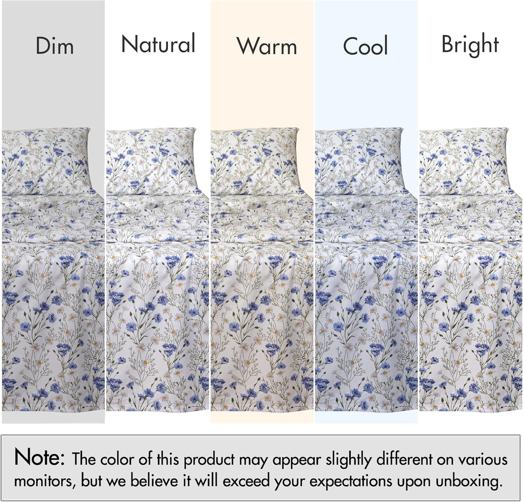 RUVANTI King Size Cotton Sheets - 100% Percale Bedding, Cooling Floral Design, 16" Deep Pocket, 4-Piece Set