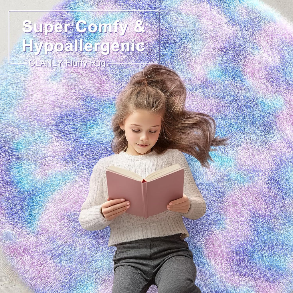 OLANLY Round Purple Rainbow Rug - Soft, Fluffy, Machine Washable 4x4 Feet Area Carpet for Kids' Rooms | Home Decor