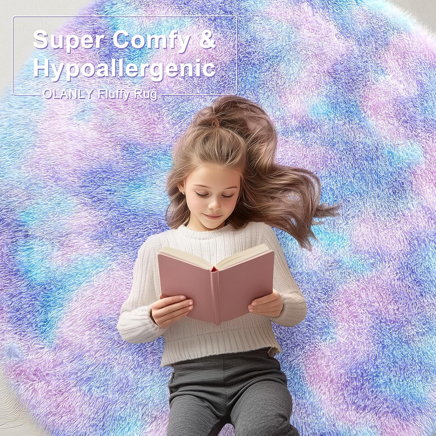OLANLY Round Purple Rainbow Rug - Soft, Fluffy, Machine Washable 4x4 Feet Area Carpet for Kids' Rooms | Home Decor