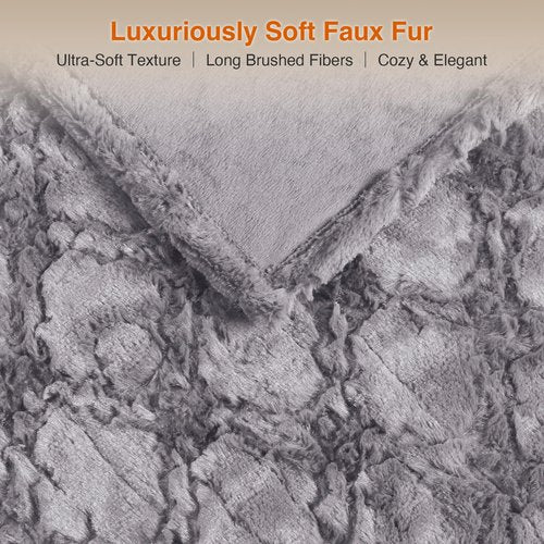 Beautyrest Long Brushed Faux Fur Ogee Textured Design Electric Blanket, Auto Shut Off, Virtually Zero EMF, Multi Heat Setting, UL Certified, Machine Washable, Grey Throw 50x60