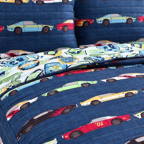 Lush Decor Navy Race Car Kids' 3-Piece Bedspread Set, Reversible Bedding Set for Boys (Full)