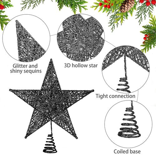 Fovths Christmas Tree Topper 8 Inches Metal Glittered Christmas Tree Topper Wire Star Treetop Sparkle Xmas Decoration for Christmas Tree Ornament Indoor New Year Holiday Party Supplies (Black)