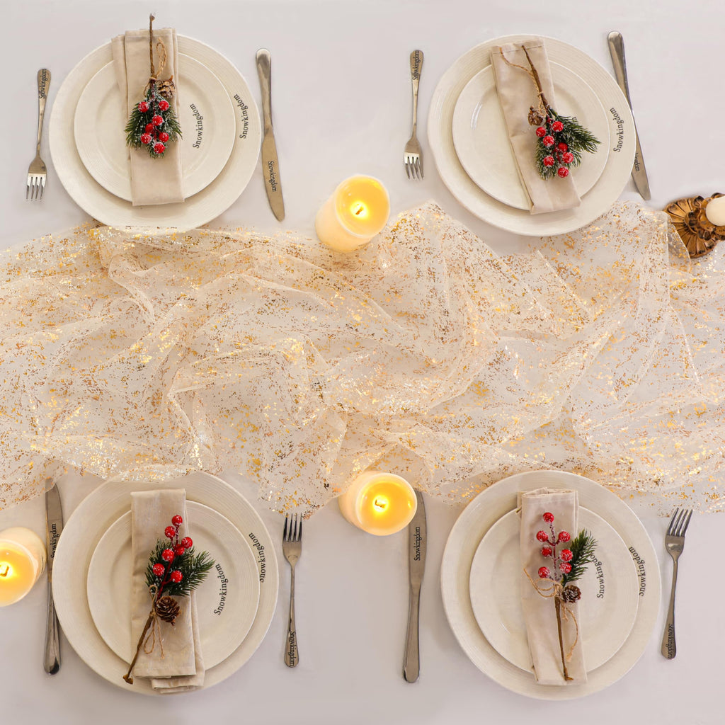 Snowkingdom 3Pcs 10Ft Gold Table Runners, Sheer Gauze Chiffon Cheesecloth Glitter Golden Metallic Foil, Gold Decorations for Home Party Wedding Birthday Anniversary Fall Thanksgiving Christmas Holiday