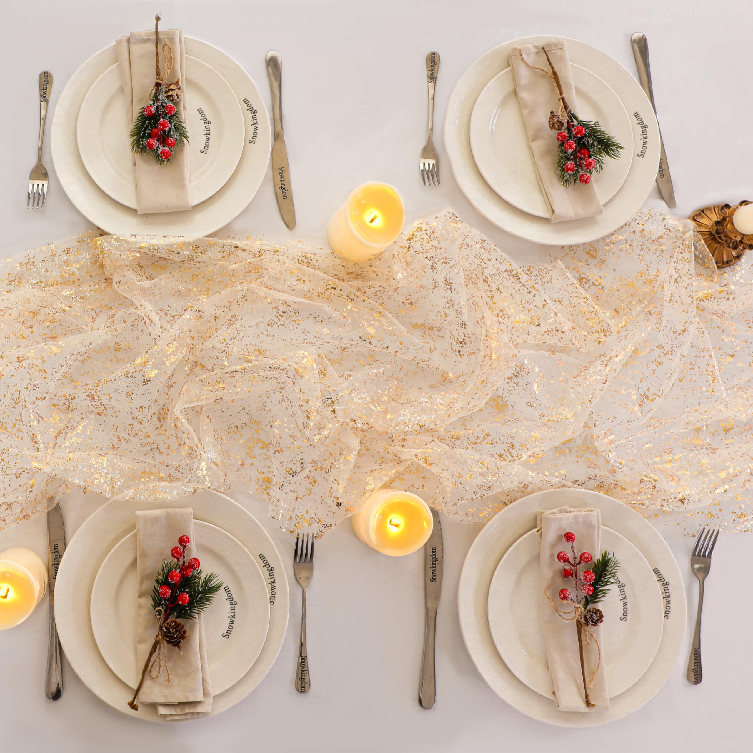 Snowkingdom 3Pcs 10Ft Gold Table Runners, Sheer Gauze Chiffon Cheesecloth Glitter Golden Metallic Foil, Gold Decorations for Home Party Wedding Birthday Anniversary Fall Thanksgiving Christmas Holiday