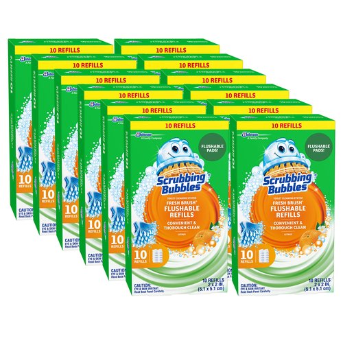 Scrubbing Bubbles Flushable Toilet Bowl Wand Cleaner Refills, Fresh Brush Cleaner Toilet Refill Pads, Removes Limescale & Odors, Citrus Scent, 10 Count (Pack of 12)