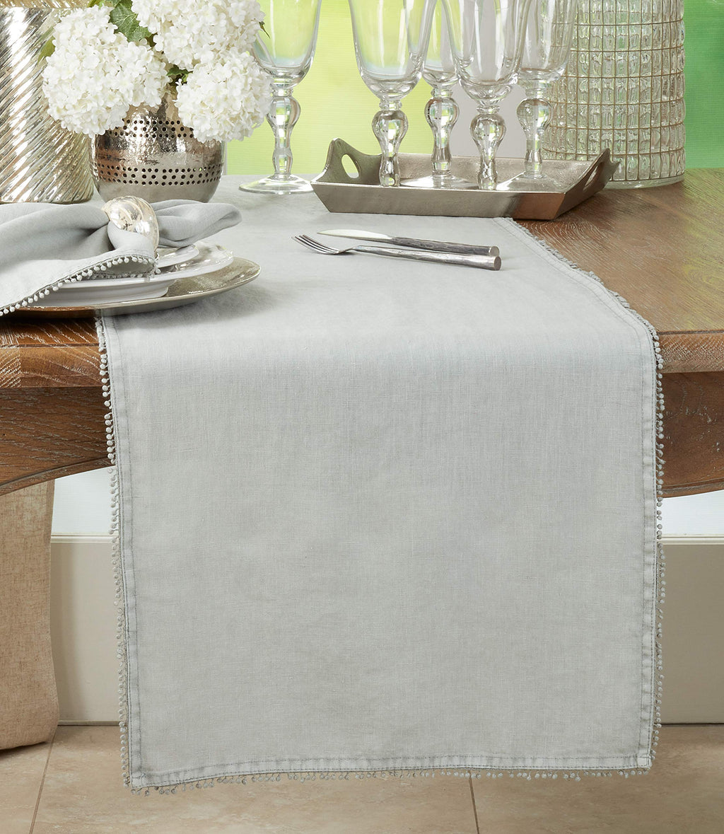 SARO LIFESTYLE 15062.BG1672B Pomponin Collection PomPom Design Table Runner 16" x 72" Blue-Grey