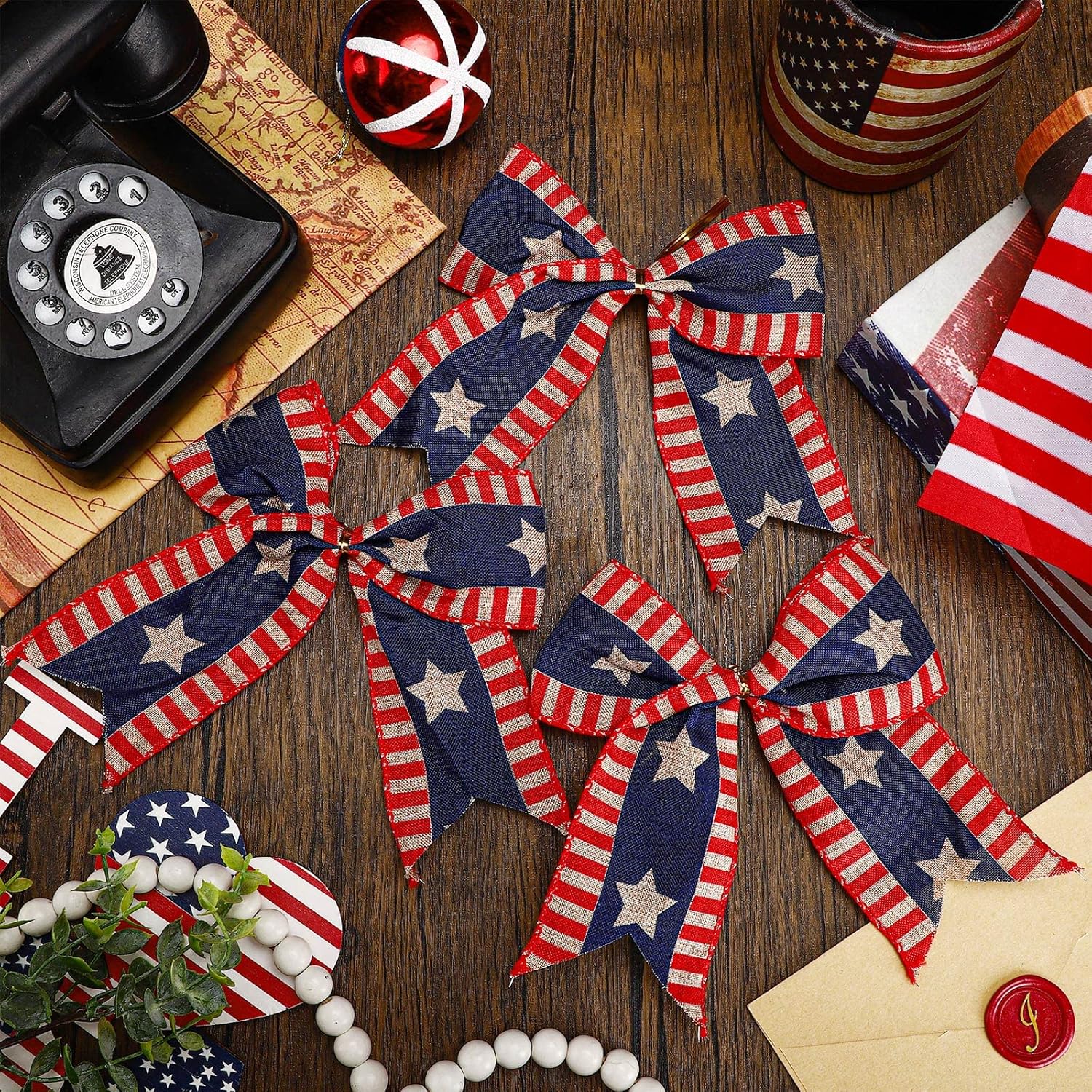 Skiennix 12 Pcs 6-Inch Patriotic Bows - Red, White & Blue Burlap Decor for 4th of July Celebrations