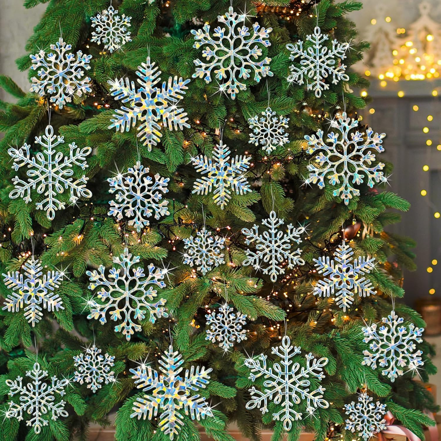 Skiennix 36-Pack Christmas Ornaments - Iridescent Plastic Snowflakes for Holiday Decor
