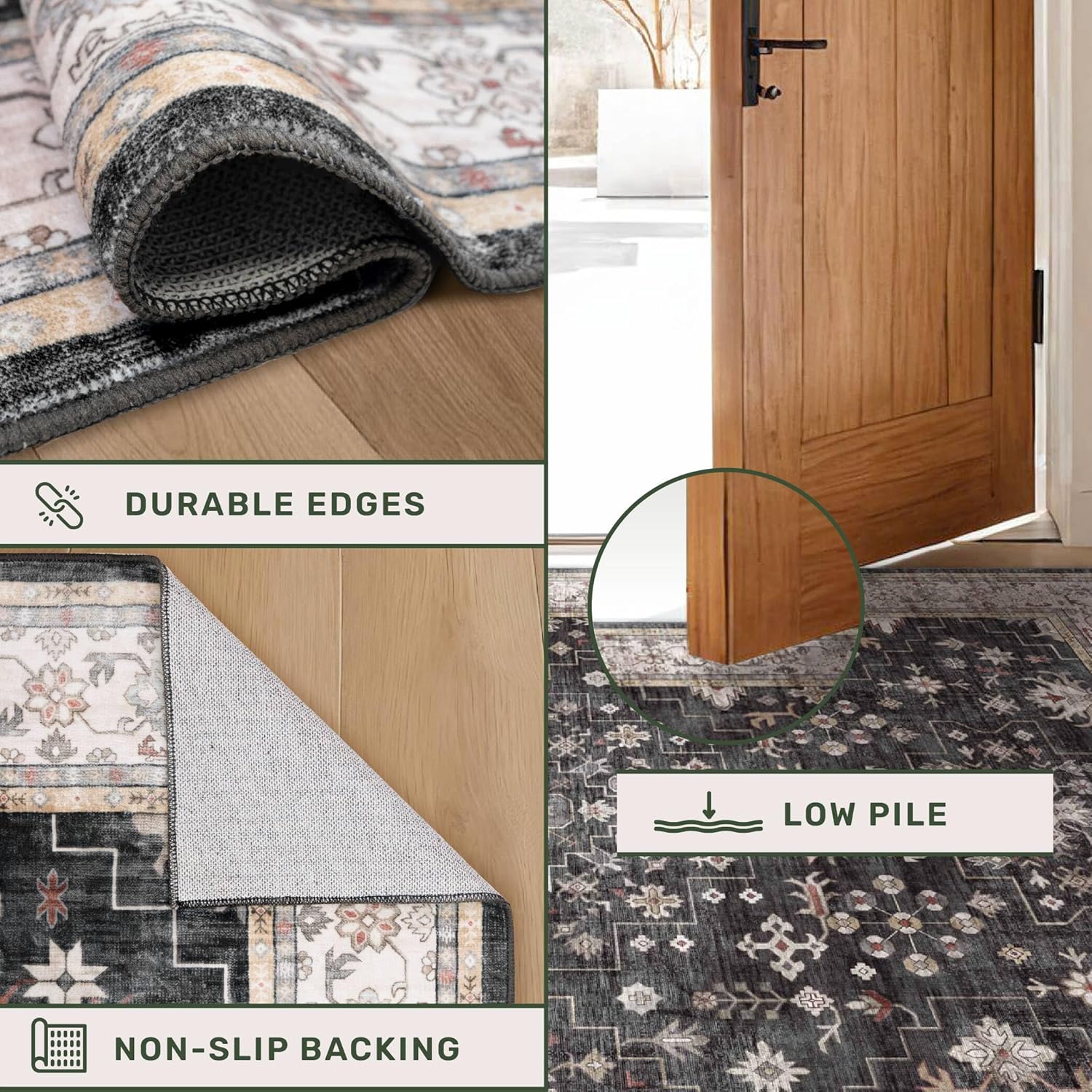 Skiennix Black Boho Washable Entry Rug - Non-Slip Rubber Backing | 3x4 Indoor Mat for Kitchen & Bathroom