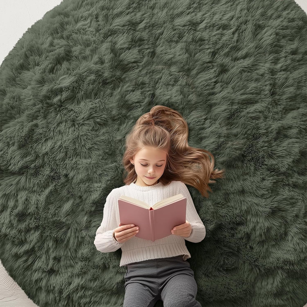 OLANLY Olive Green Round Rug - Soft, Fluffy Shag Area Rug, 6 ft Circle for Bedroom & Living Room Decor