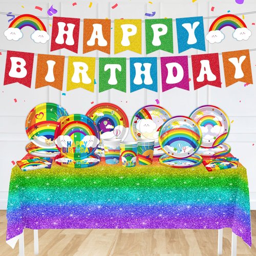 Rainbow Birthday Party Supplies Rainbow Theme Party Decorations for Boy, Include Tablecloth Banner Plate Napkin Cups