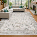 Hazo Haus Boho Living Room Rug - Light Grey Floral Design, Washable Low Pile, 7x10 Large Area Rug