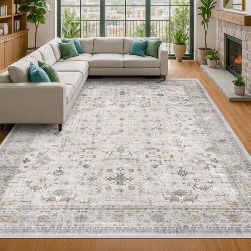 Hazo Haus Boho Living Room Rug - Light Grey Floral Design, Washable Low Pile, 7x10 Large Area Rug