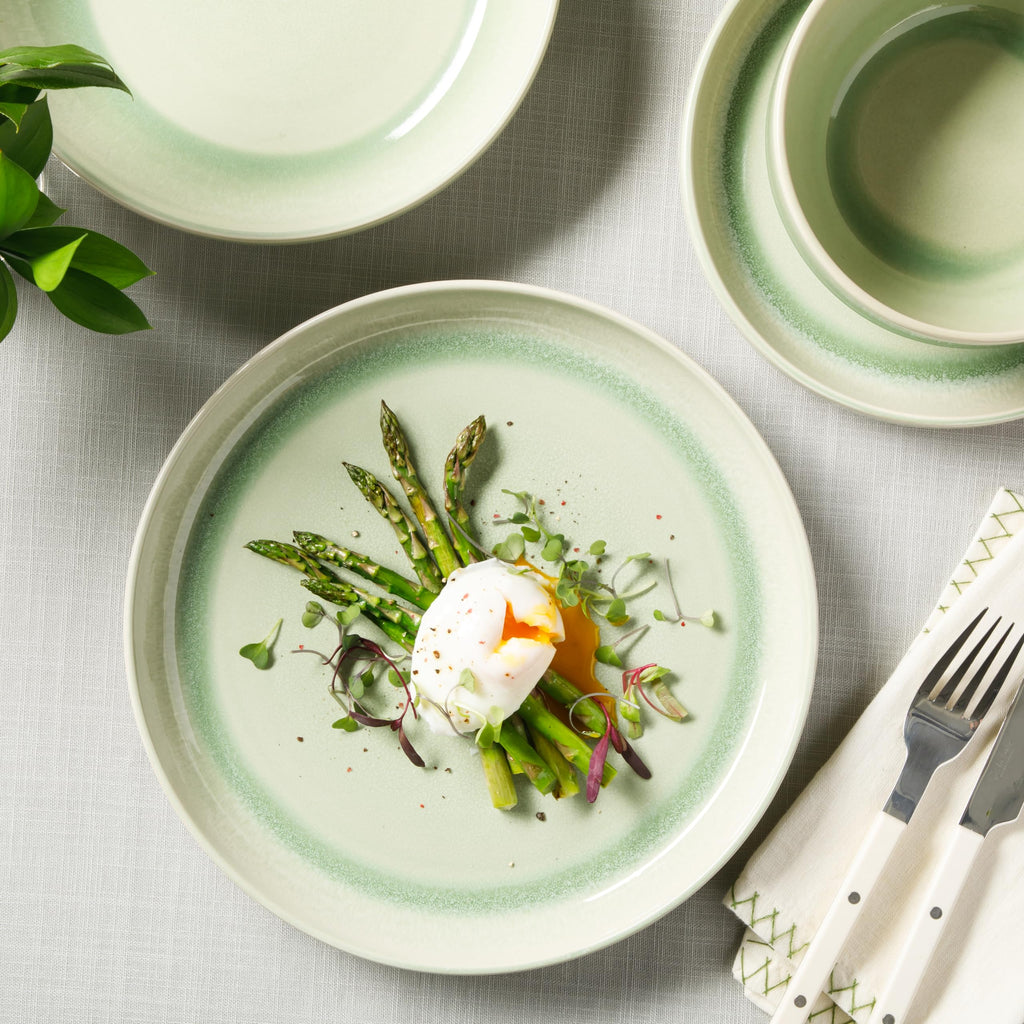 Sur La Table Kitchen Essentials Banquette 16 Piece Double Bowl Plates and Bowls Reactive Glaze Stoneware Dinnerware Set - Green