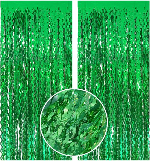 Green Tinsel Foil Fringe Curtains - Metallic Wavy Backdrop for Parties & Photo Booths