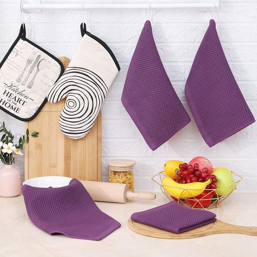 Homaxy Kitchen Dish Cloths - Ultra Soft 100% Cotton Waffle Weave, Quick Drying, 12x12 Inches, 6-Pack, Purple