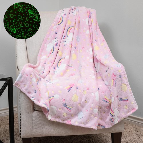 Glow in The Dark Blanket, Kid's Throw, Soft Unicorn Throw, Rainbows, Fun Present for Girls, Pink Blanket, Gift for Girls, Birthdays, Fleece, Travlel, 50"x60"