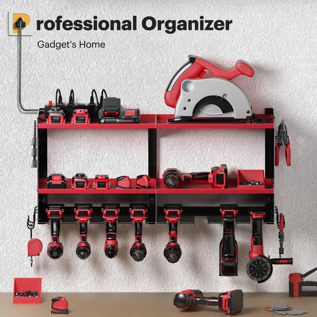 Spampur Power Tool Organizer Wall Mount with Charging Station, 15 Min Assembly & Maximum 420lbs Load by Heavy Duty Metal, 8 Slots for Cordless Drill, Tool Battery Holder with 6 Outlet Power Strip