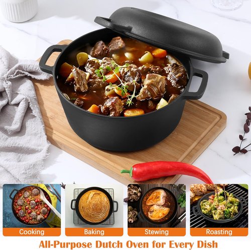 E-far 5QT Dutch Oven - Versatile Cast Iron Pot with Skillet Lid & Sourdough Starter Kit | Ideal for Baking, Frying, BBQ