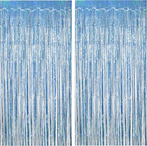 Blue Tinsel Curtain Streamers - Foil Fringe Party Backdrop for Engagement & Birthdays | 2 Pack 3.3x8.3ft