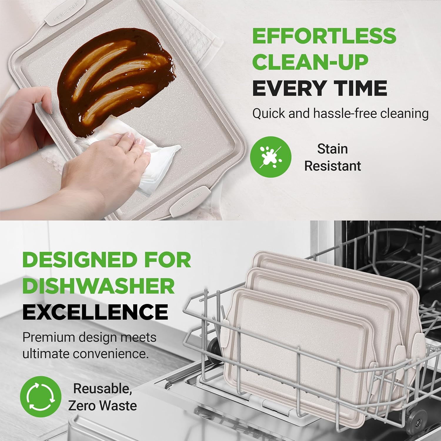 NutriChef Nonstick Cookie Sheets - Premium Carbon Steel Baking Pans with Silicone Handles | Easy to Clean, Cream Marble Finish