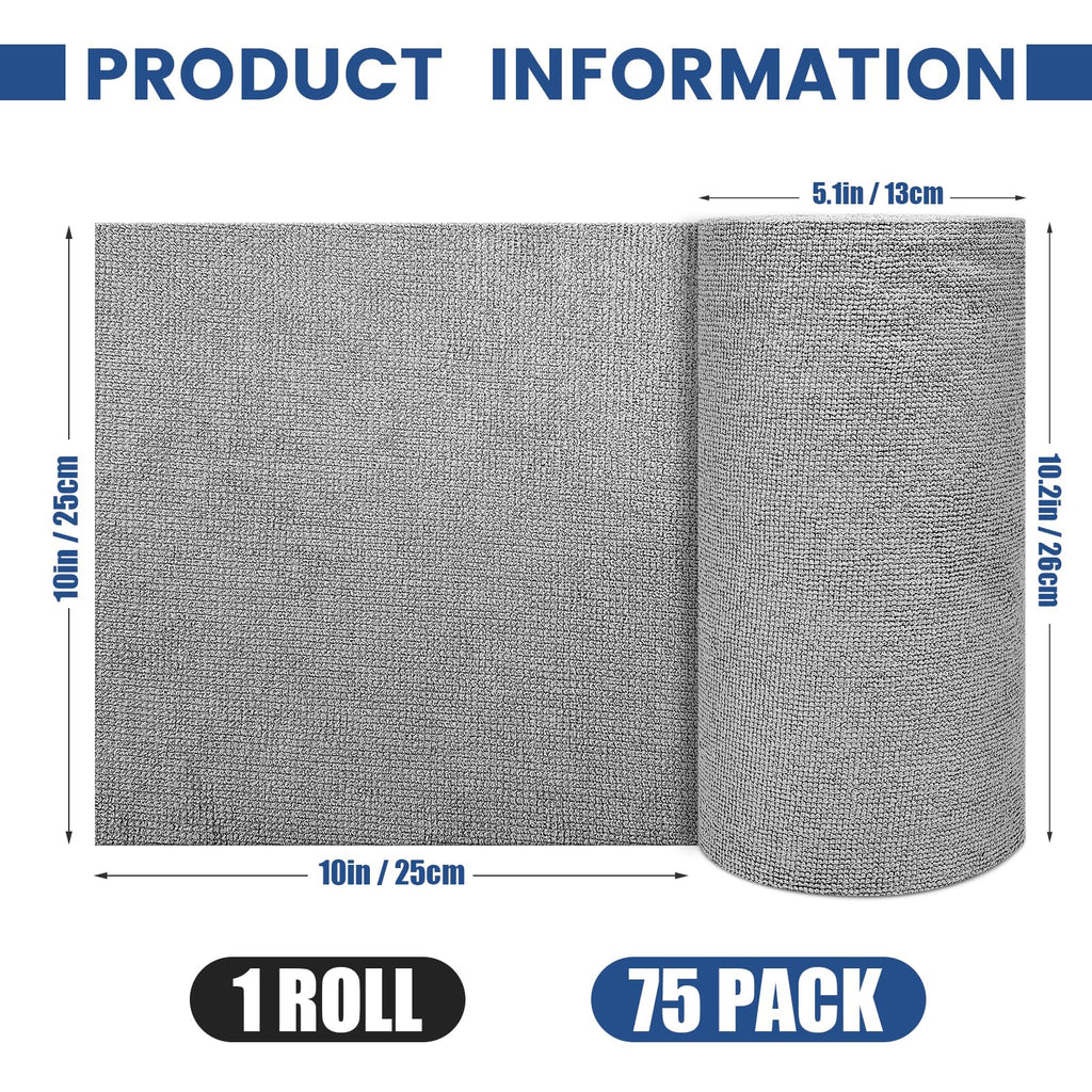 Whkvnng 75 Pack Microfiber Cleaning Cloth Roll,Reusable Washable Ultra Tear Away Microfiber Towels,Absorbent Rags Drying Dishcloths for Car,Home,Garage or Shop Kitchen(Grey)