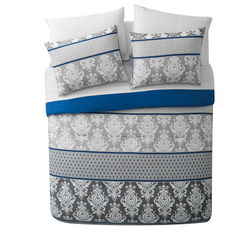 Queen Damask Bed-in-a-Bag Set - Blue Microfiber Bedding with Pillowcases & Bed Skirt