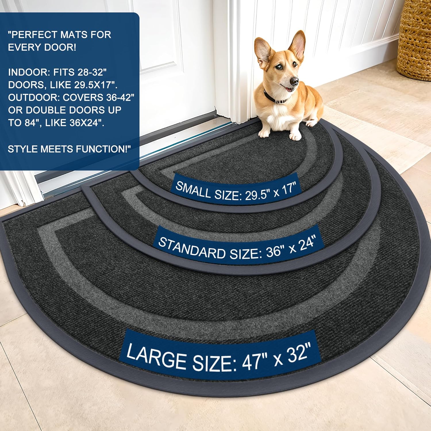 OLANLY Half Circle Door Mat - Waterproof All-Season Indoor/Outdoor Doormat, Easy Clean, 29.5x17, Black