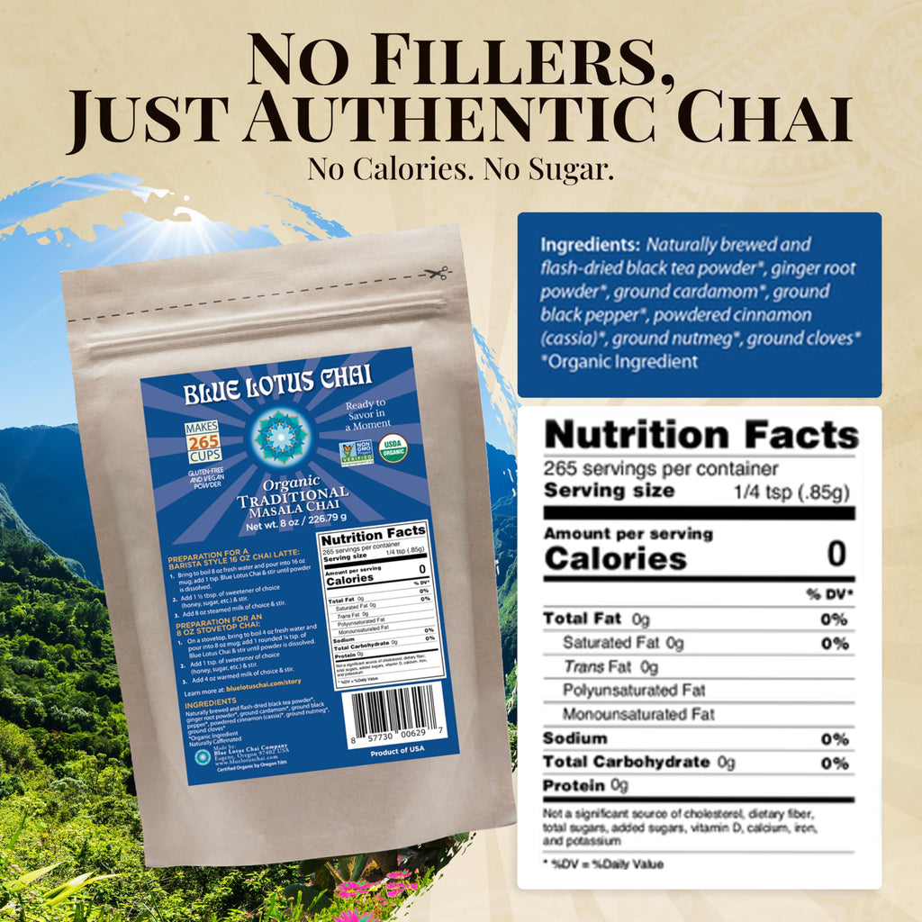 Blue Lotus Chai – Fully Organic Traditional Masala Chai - Makes 265 Cups – Just Add Hot Water, No Steeping, No Gluten - 8 Ounce Masala Spiced Chai Powder with Organic Spices – Authentic Indian Tea