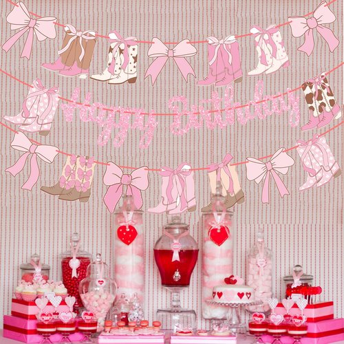 Coquette Cowgirl Birthday Banners Western Cowgirls Decorations 3PCS Boots and Bows Banner Glitter Pink Coquette Bows Birthday Decor for Girls Western Theme Baby Shower Supplies