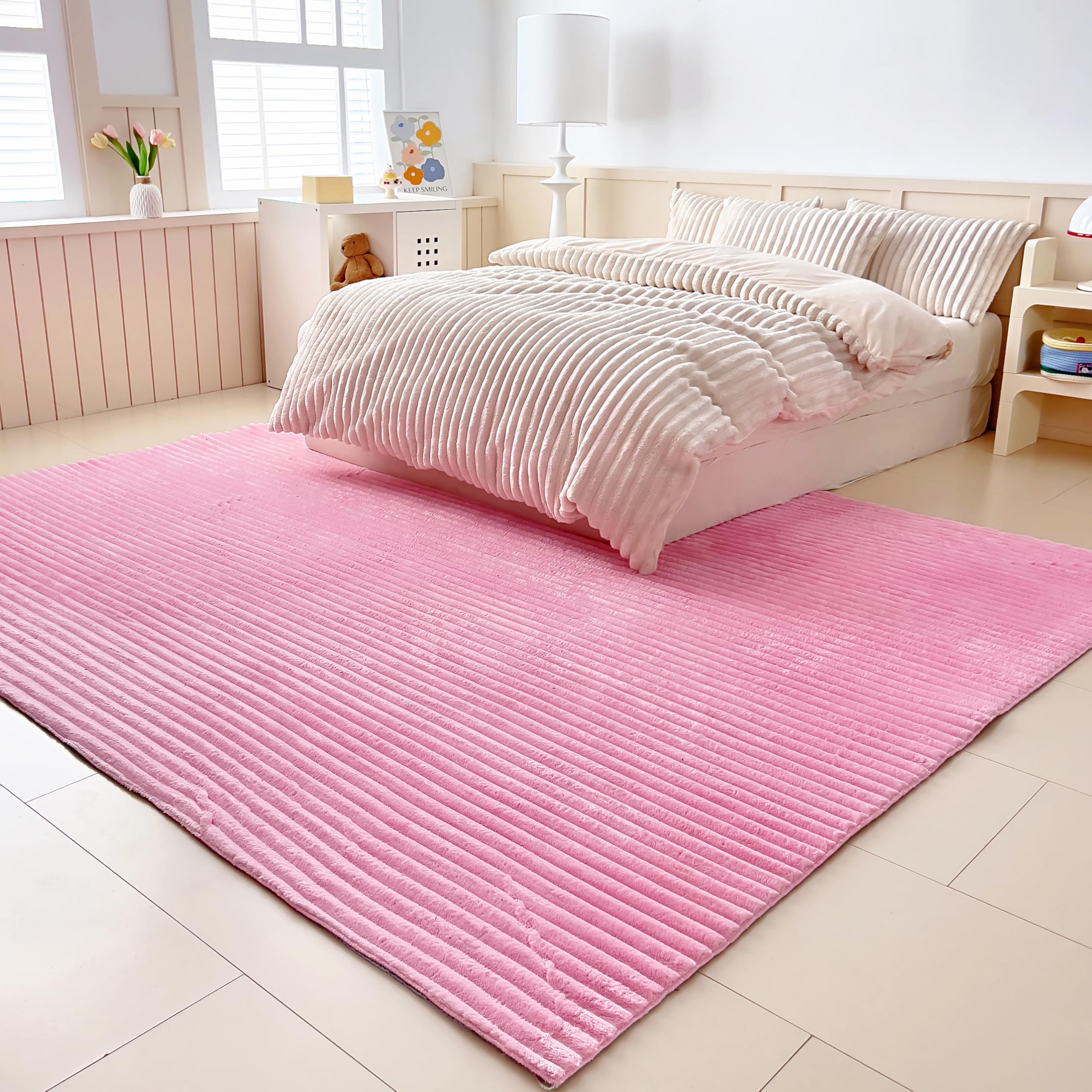 Light Pink Faux Fur Striped Plush Area Rug for Bedroom Living Room Sofa,8'x10' Fluffy Shaggy Rectangular Square Rug for Kids Teen Girls Room,Furry Carpet Rug for Nursery Baby Room