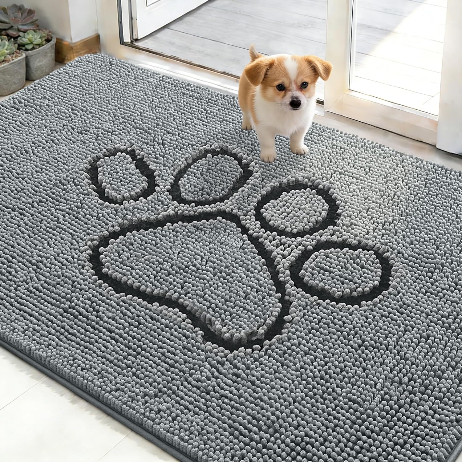 OLANLY Dog Door Mat - Absorbent Non-Slip Mud Mat for Muddy Paws | 48x30 Grey Chenille Design