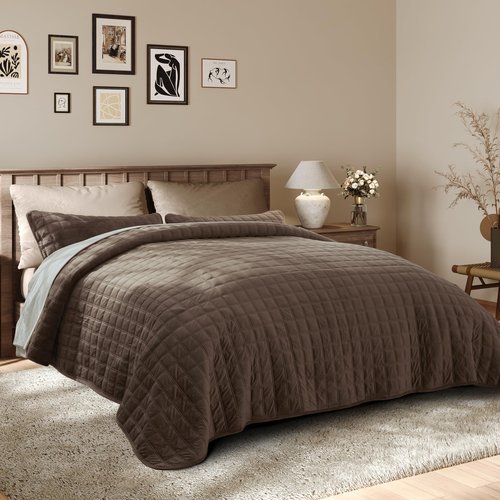 Fleeco Double-Sided Velvet Quilt King Size Comforter Set, 108"x 96" Lightweight Velvet Bedding Set, Ultra Soft Bedspread with 2 Matching Shams, for All Seasons, Brown