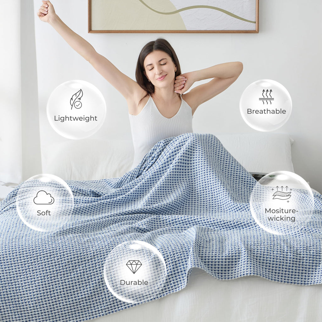 Lightweight Cotton Waffle Blanket Queen Size, Modern Two-Tone Check Pattern, Soft & Breathable for Bed, Couch, Sofa, All Seasons –Navy Blue/White, 90"x90"