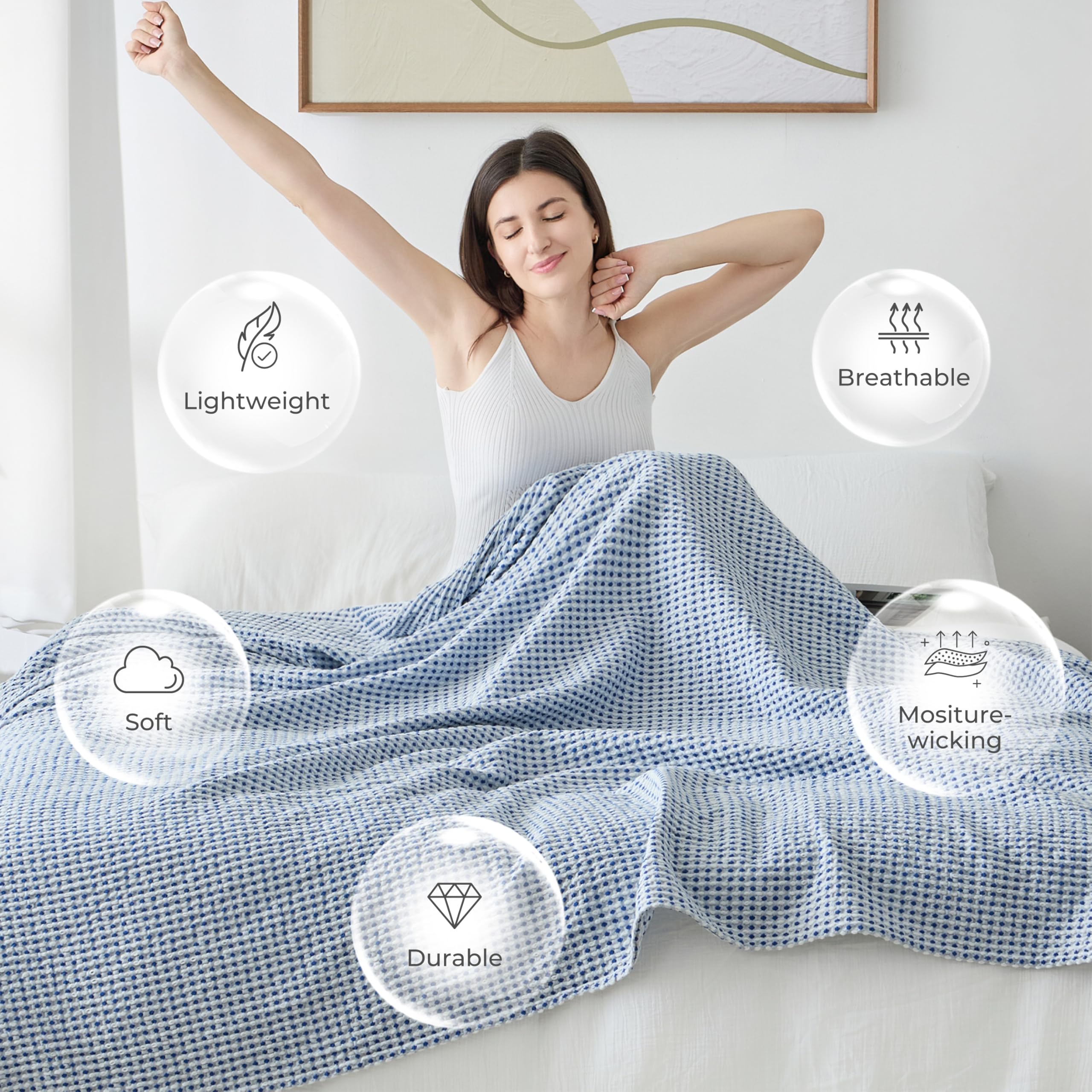 Lightweight Cotton Waffle Blanket Queen Size, Modern Two-Tone Check Pattern, Soft & Breathable for Bed, Couch, Sofa, All Seasons –Navy Blue/White, 90"x90"