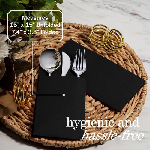 100-Pack Disposable Napkins With Pocket For Flatware, Black Napkins Paper For Wedding, Dinner Or Party, Built-In Pocket For Silverware, Prefolded
