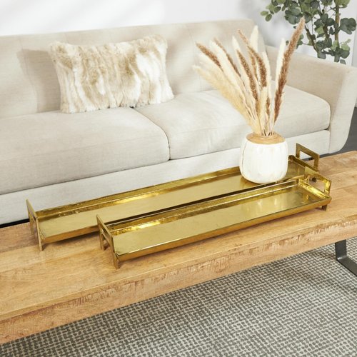 Deco 79 Aluminum Metal Living Room Decor Tray Nesting Ottoman Tray with Gold Handles, Set of 2 Serving Tray 35", 26" W, Brass