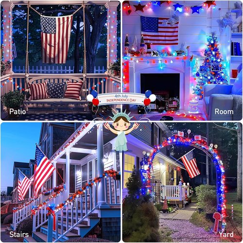 JMEXSUSS 100 LED Connectable Red, White, and Blue String Lights - 33ft Indoor/Outdoor Patriotic Decor with Remote & 8 Modes