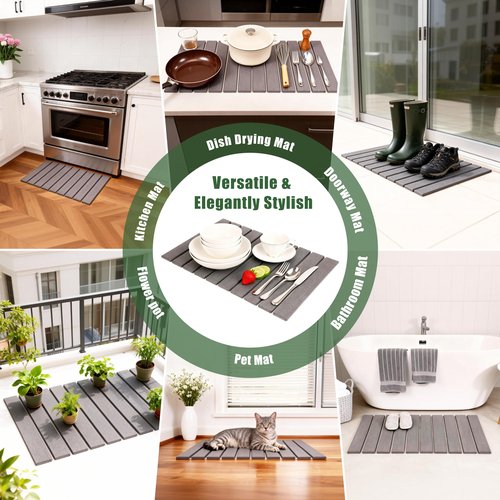 Large Stone Drying Mat for Kitchen Counter, 24"×16", Foldable Super Absorbent Stone Dish Drying Mat for Tableware, Bottles and Cups, Non Slip Diatomaceous drying matt kitchen counter (Dark Gray)