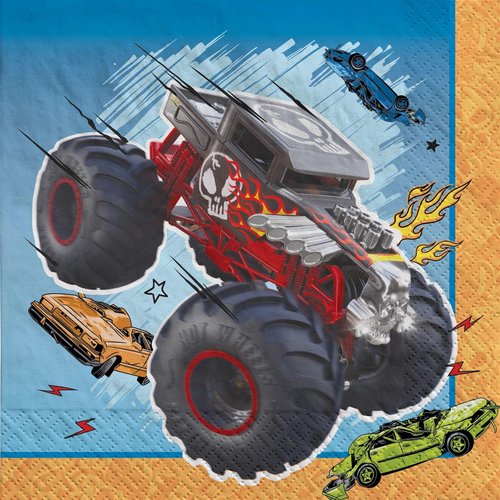 Monster Trucks Birthday Party Supplies Bundle includes 16 Dessert Cake Paper Plates, 16 Paper Napkins, 1 Dinosaur Sticker Sheet