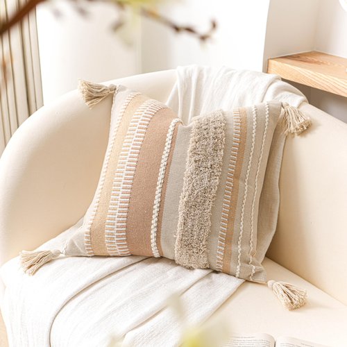 BlissBlush 20x20 Pillow Cover, Neutral Cream Boho Decorative Pillowcase with Tufted Texture and Tassels, Square Accent Cushion for Couch Sofa Living Room (Cover Only)