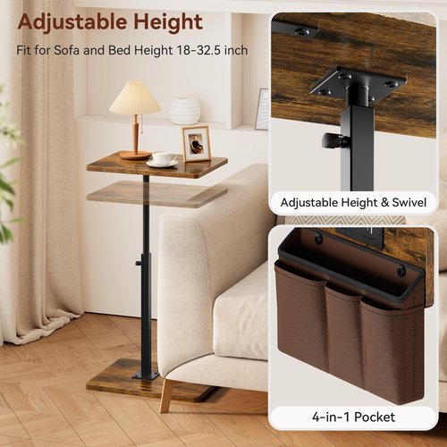 Vagusicc Sofa Armrest Tray Table for Couch - 360° Swivel Height Adjustable Side Table for Small Spaces, Snack Side Table for Bed or Chair, C Shaped End Table Snack Table for Eating Dinner Laptop