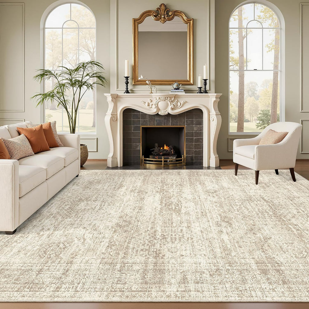 Soalmost 9x12 Area Rug - Non-Slip, Machine Washable Vintage Design for Living Room & Bedroom - Beige