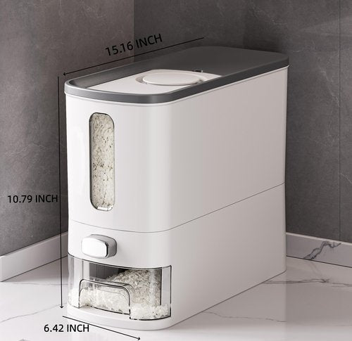 IEEK Rice Dispenser 12 Lbs,Large Cereal Dry Food Storage Containers Rice Storage Container Sealed Moisture Proof with Measuring Cup for Kitchen Pantry Household, White and Grey