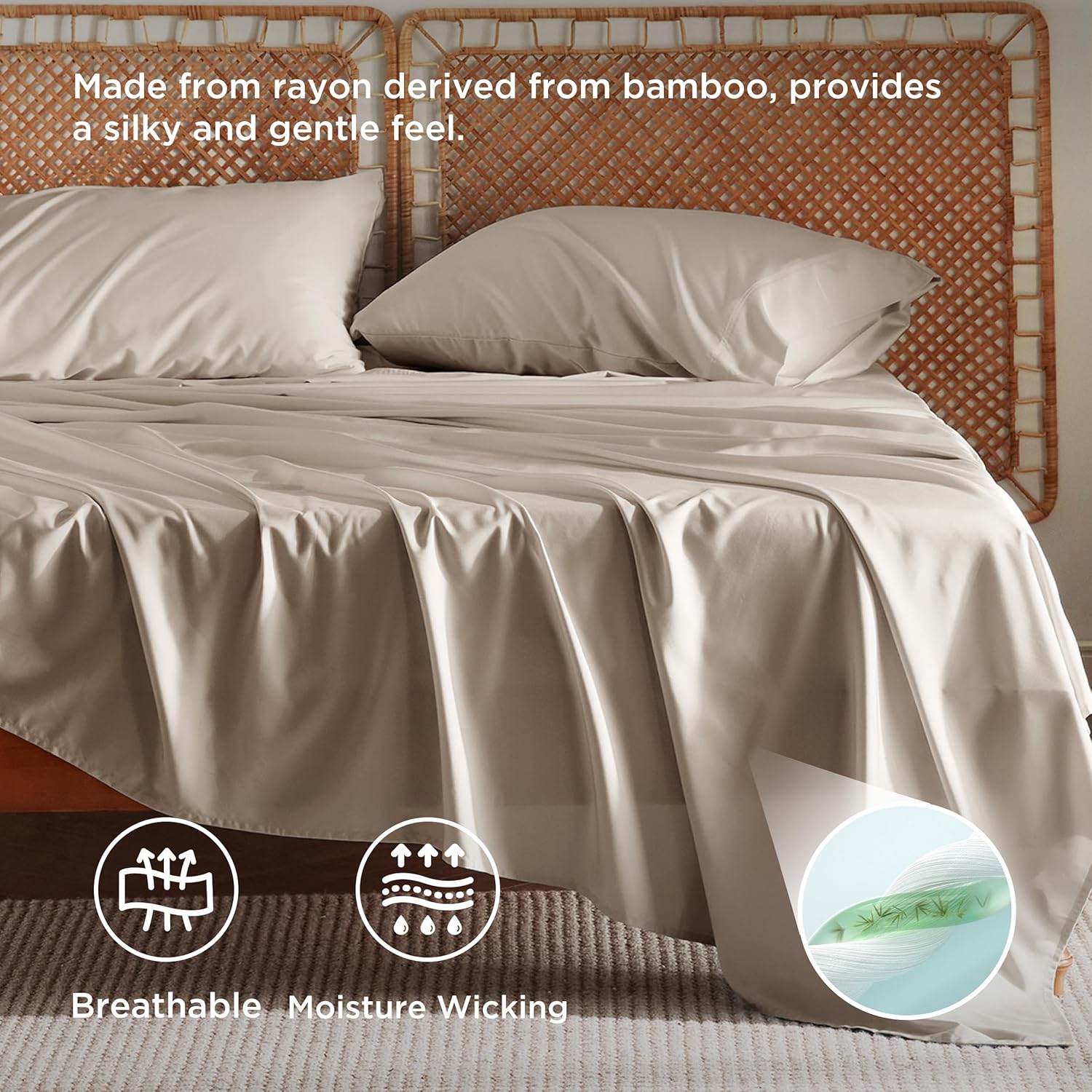 Bedsure Cooling California King Sheet Set - Breathable Rayon from Bamboo, Deep Pocket, Silky Soft, Simply Taupe