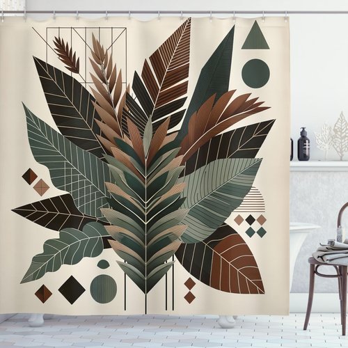 Ambesonne Monstera Shower Curtain, Boho Abstract Tropical Leaves in Coffee and Neutral Tones Modern, Cloth Fabric Bathroom Decor Set with Hooks, 69" W x 70" L, Evergreen Sage Green Fawn